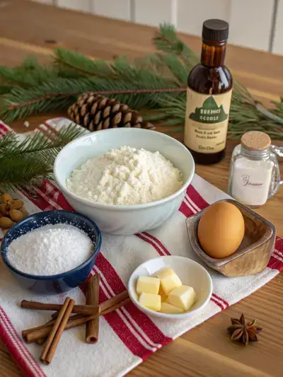 Ingredients for Christmas Sugar cookies displayed on a kitchen table.