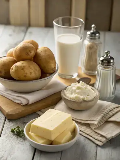 Ingredients for creamy mashed potatoes on a kitchen table
