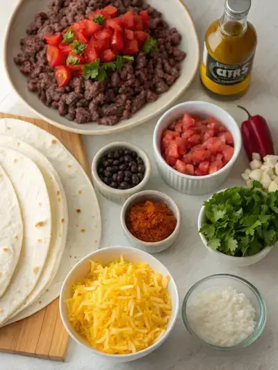 Fresh ingredients for beef burritos displayed on a kitchen table, including ground beef, vegetables, and tortillas.