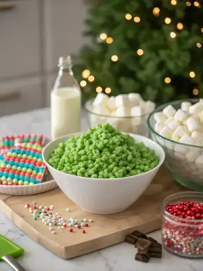 Ingredients for Rice Krispies Christmas trees displayed on a kitchen table.