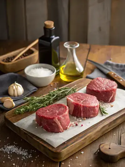 Ingredients for filet medallions displayed on a kitchen table, including beef, garlic, thyme, and seasonings.