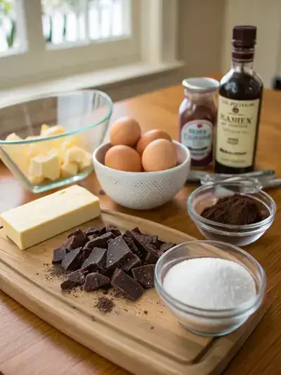 Ingredients for Flourless chocolate cake displayed on a kitchen table, including chocolate, butter, sugar, eggs, vanilla extract, salt, and cocoa powder.