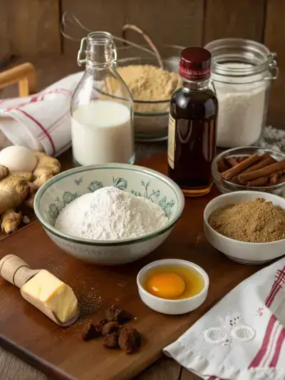 Ingredients for Gingerbread pancakes displayed on a kitchen table, including flour, sugar, spices, milk, egg, butter, and molasses.