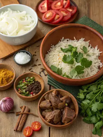 Fresh ingredients for goat biryani displayed on a kitchen table, including meat, rice, vegetables, and spices.