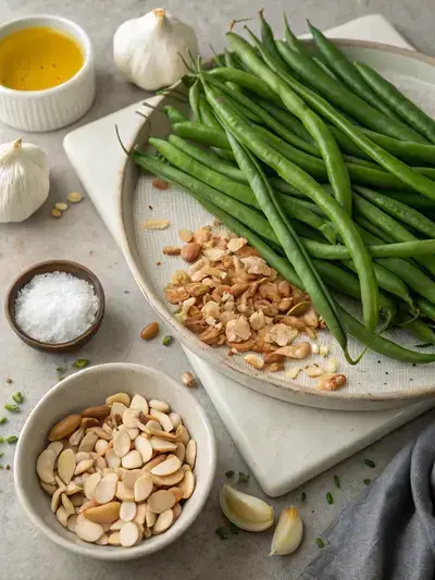 Fresh green beans, minced garlic, and toasted almonds on a kitchen table.