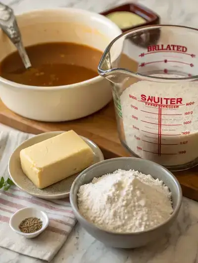 Ingredients for homemade gravy displayed on a kitchen table, including butter, flour, stock, salt, and pepper.