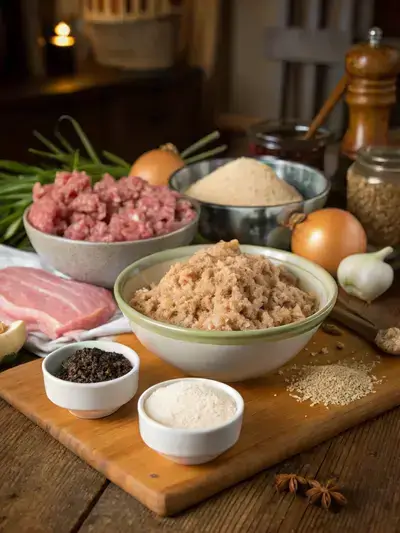Fresh ingredients for white pudding displayed on a rustic wooden table.