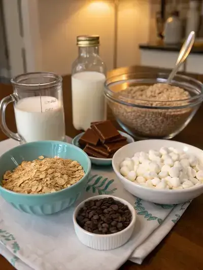 Ingredients for hot chocolate oatmeal displayed on a kitchen table.