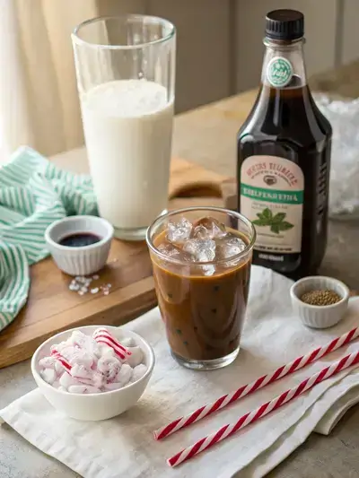 Ingredients for iced peppermint latte on a kitchen table, including coffee, milk, peppermint syrup, ice cubes, whipped cream, and crushed candy canes.