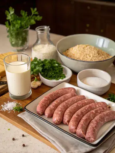 Ingredients for Irish bangers displayed on a kitchen table, including sausages, breadcrumbs, milk, parsley, and spices.