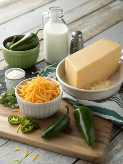 Ingredients for jalapeno cheese dip displayed on a kitchen table.