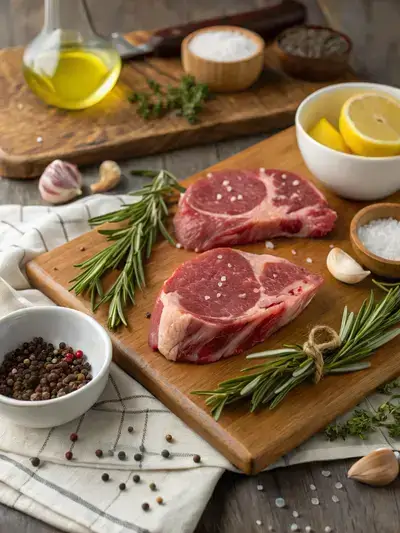 Ingredients for lamb leg steak displayed on a kitchen table, including lamb steaks, olive oil, garlic, herbs, and lemon.