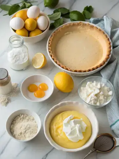 Ingredients for lemon meringue pie displayed on a kitchen table with fresh lemons and mint.