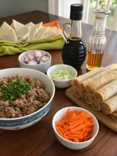 Fresh ingredients for making lumpia arranged on a kitchen table.