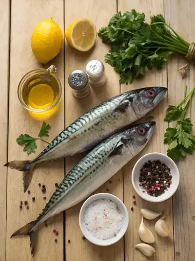 Fresh ingredients for mackerel preparation on a kitchen table.