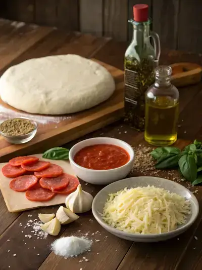 Ingredients for mac's pizza displayed on a kitchen table, including dough, sauce, cheese, and toppings.