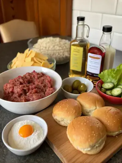 Ingredients for mini beef sliders displayed on a kitchen table, including ground beef, breadcrumbs, egg, onions, and toppings.