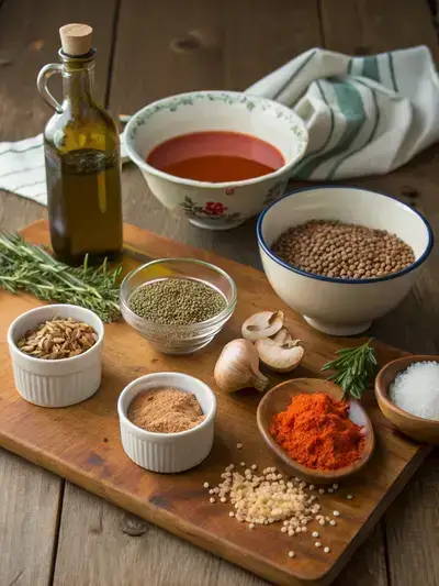 Ingredients for Mushroom Lentil Loaf displayed on a kitchen table, including lentils, vegetables, and seasonings.
