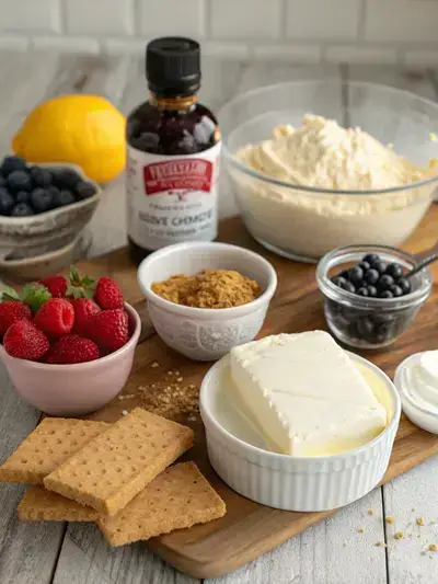 Ingredients for no bake cheesecake cup displayed on a kitchen table.