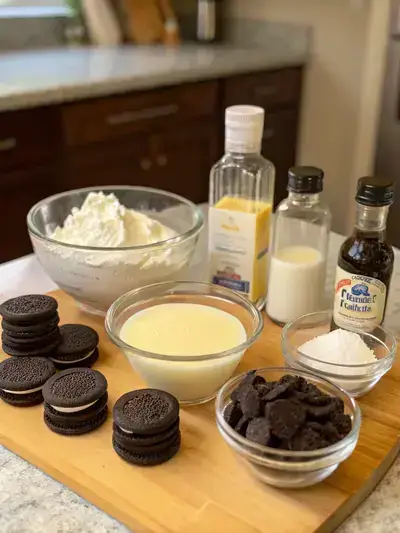 Ingredients for No bake Oreo cheesecake displayed on a kitchen table.