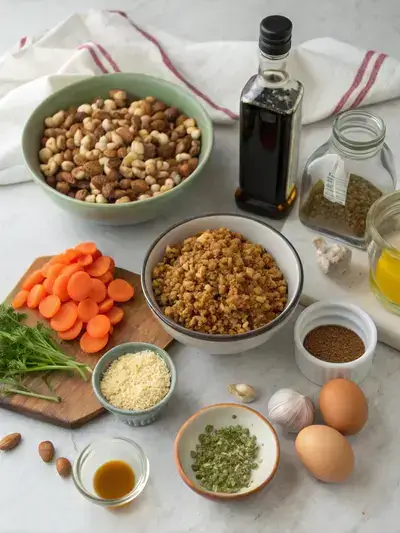 Ingredients for nut roast displayed on a kitchen table, including nuts, vegetables, and seasonings.