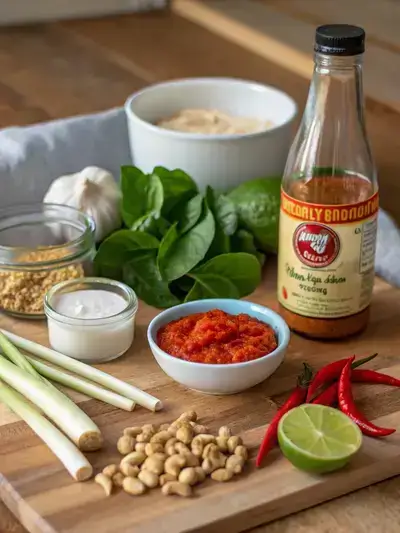 Ingredients for Panang Thai laid out on a kitchen table, including curry paste, coconut milk, chicken, and fresh herbs.