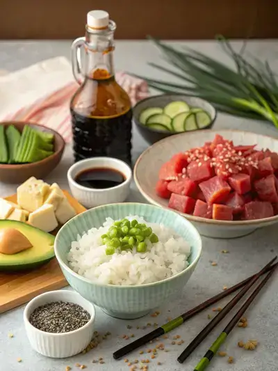 A vibrant arrangement of poke sushi bowl ingredients including sushi rice, tuna, avocado, and garnishes.