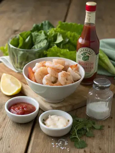 Fresh ingredients for Prawn cocktail displayed on a kitchen table, including prawns, sauces, and lettuce.