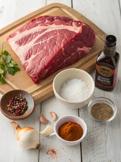 Ingredients for prime beef brisket displayed on a kitchen table.