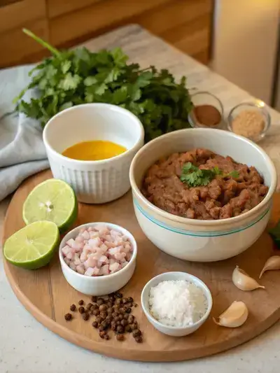 Ingredients for refried beans displayed on a kitchen table.