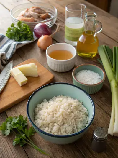 Ingredients for rice stuffing arranged on a kitchen table.