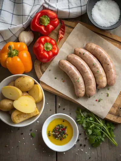 Fresh ingredients for sausage peppers potatoe Baked on a kitchen table.