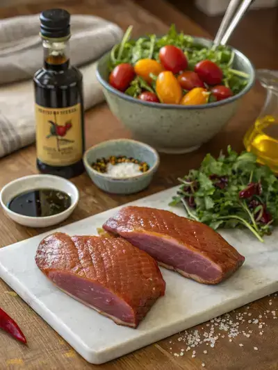 Ingredients for smoked duck breast recipe displayed on a kitchen table, including smoked duck, salad greens, cherry tomatoes, and condiments.