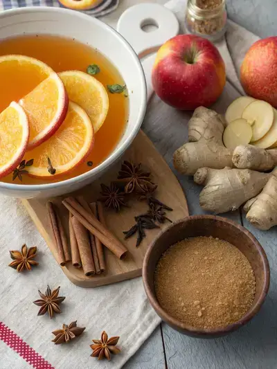 A collection of ingredients for spiced apple cider on a kitchen table.