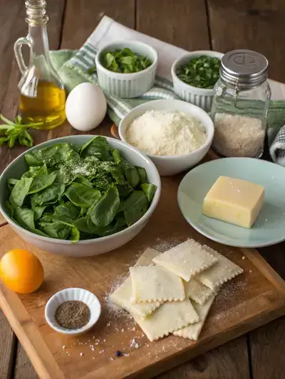 Fresh ingredients for spinach ricotta ravioli displayed on a kitchen table.