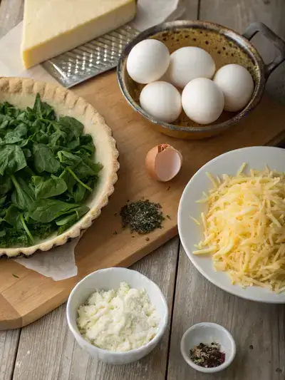 A variety of fresh ingredients for Spinach and cheese quiche laid out on a kitchen table, including spinach, cheese, eggs, and spices.