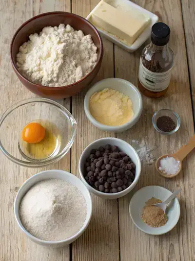 Ingredients for thin crispy chocolate chip cookies arranged on a kitchen table.