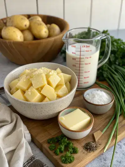Ingredients for vegan mashed potatoes displayed on a kitchen table.