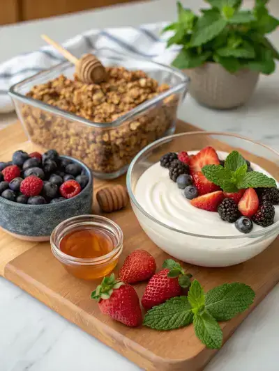 Ingredients for yogurt parfaits including Greek yogurt, granola, mixed berries, honey, and mint leaves on a kitchen table.
