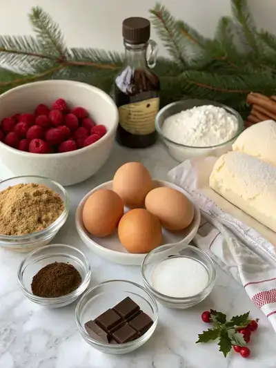 A collection of ingredients for Yule Log cake displayed on a kitchen table, including eggs, sugar, flour, cocoa powder, and fresh berries.