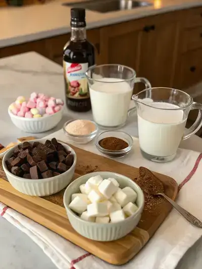Ingredients for a hot chocolate bar displayed on a kitchen table.