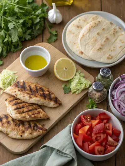 Ingredients for chicken pita displayed on a kitchen table, including grilled chicken, pita bread, fresh vegetables, and tzatziki sauce.