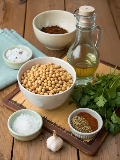 A variety of ingredients for a soybean recipe displayed on a kitchen table.