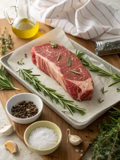 A raw strip loin roast surrounded by garlic, herbs, and seasonings on a kitchen table.