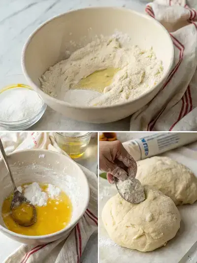 Step-by-step process of making ciabatta bread, including mixing ingredients, resting dough, kneading, and rising.