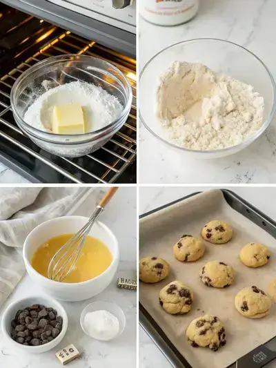 Step-by-step process of making gluten free cookies, including mixing dry ingredients, creaming butter and sugars, and folding in chocolate chips.