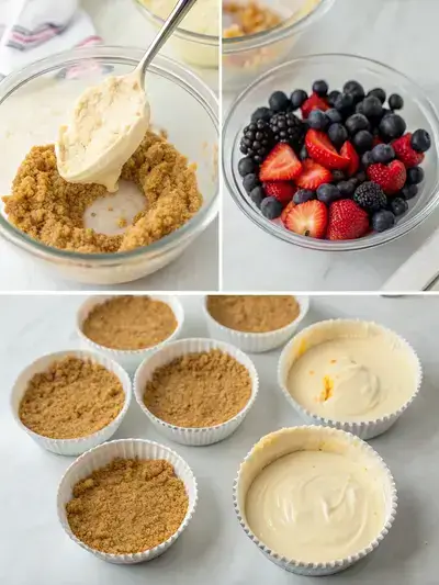Step-by-step process of making a no bake cheesecake cup, including mixing crust ingredients, pressing into cups, beating cream cheese, and filling cups with cheesecake mixture.