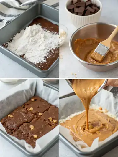 Step-by-step process of making Peanut butter chocolate bars, including lining the pan, melting ingredients, mixing, and pouring chocolate.