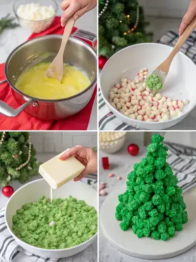 Step-by-step process of making Rice Krispies Christmas trees, including melting butter, adding marshmallows, coloring the mixture, and shaping the trees.