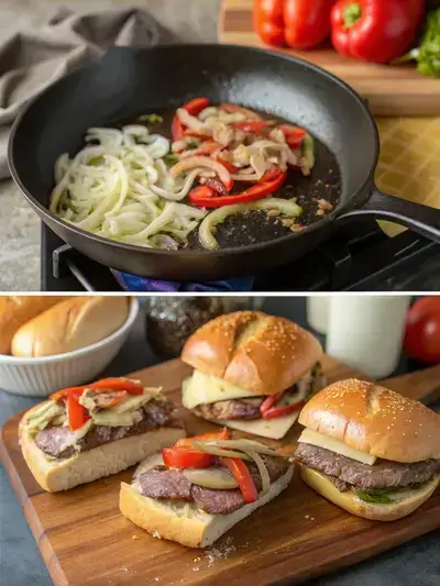 Step-by-step process of making shaved ribeye sandwiches, including heating oil, sautéing vegetables, cooking ribeye, and assembling sandwiches.